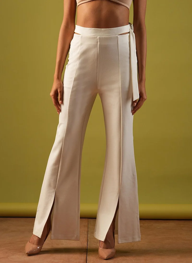 globus Globus Women Stretchable High-Rise Cut Out Detail Waist Tie-Up Front Slit Flared Party Treggings